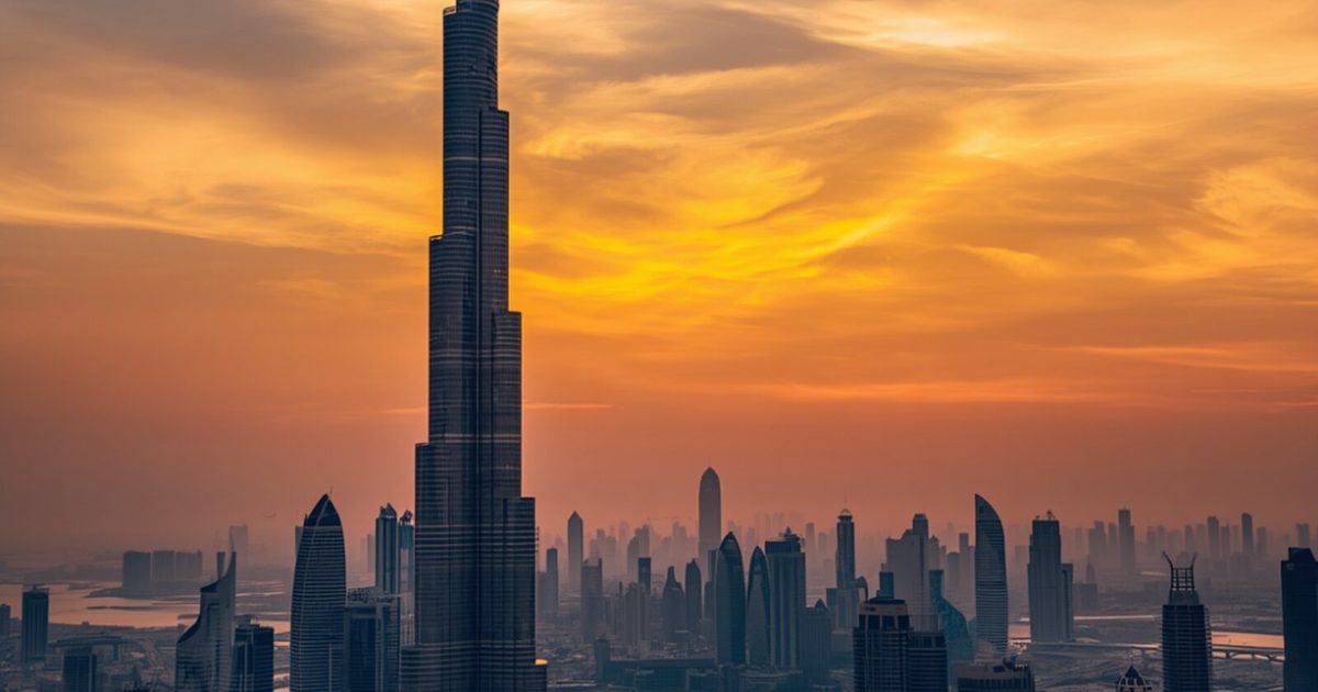 Downtown Dubai skyline at sunset